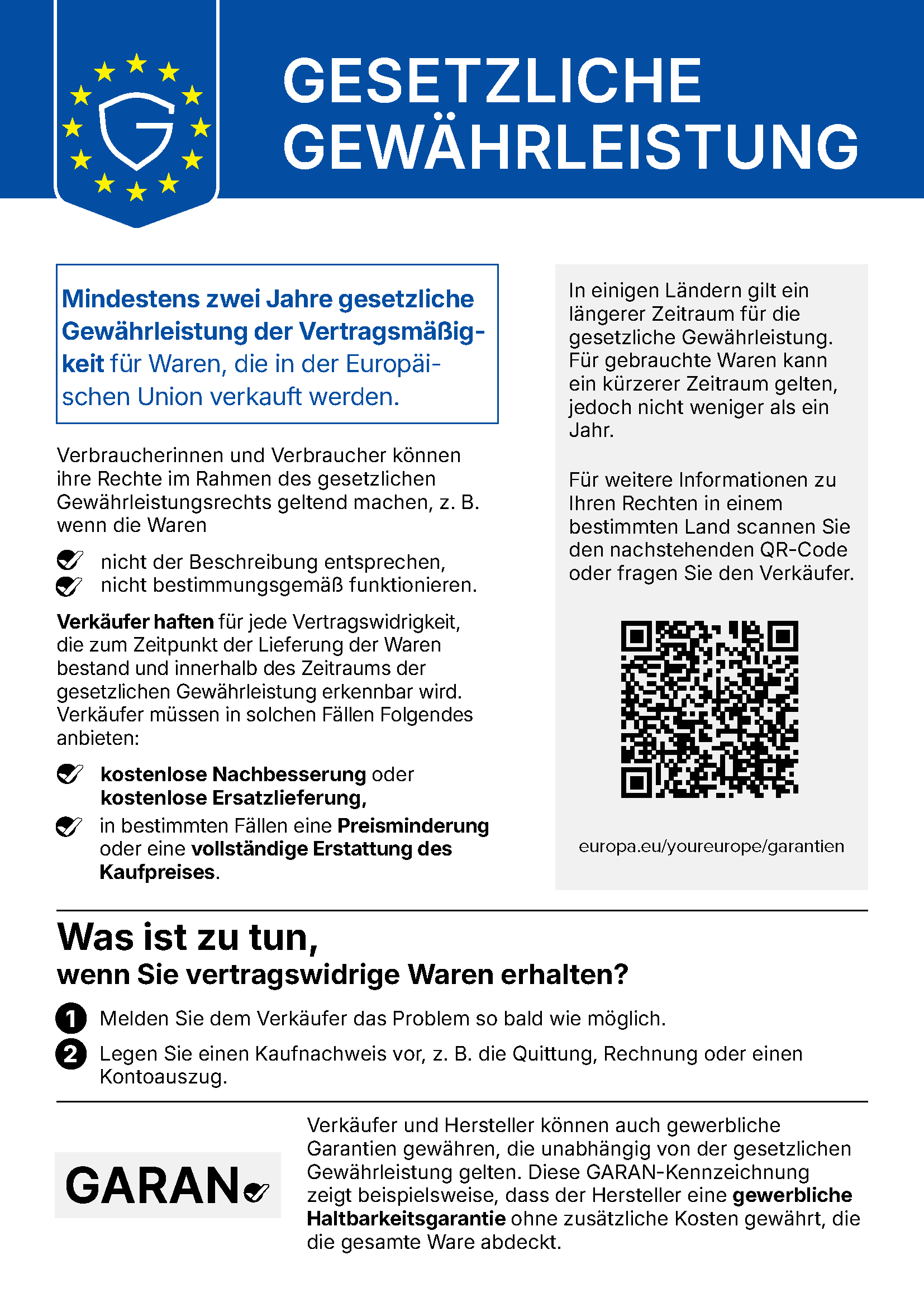 Amtlicher EU-Hinweis zur gesetzlichen Gewährleistung: Mindestens zwei Jahre gesetzliche Gewährleistung für in der Europäischen Union verkaufte Waren